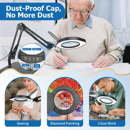 15X 30X Magnifying Glass with Light and Stand, LED Desk Lamp with Base and Clamp, 5 Color Mode, 10 Dimmable Levels, Hands-Free Magnifying Glasses for Close Work, Reading, Crafts, Jewelry