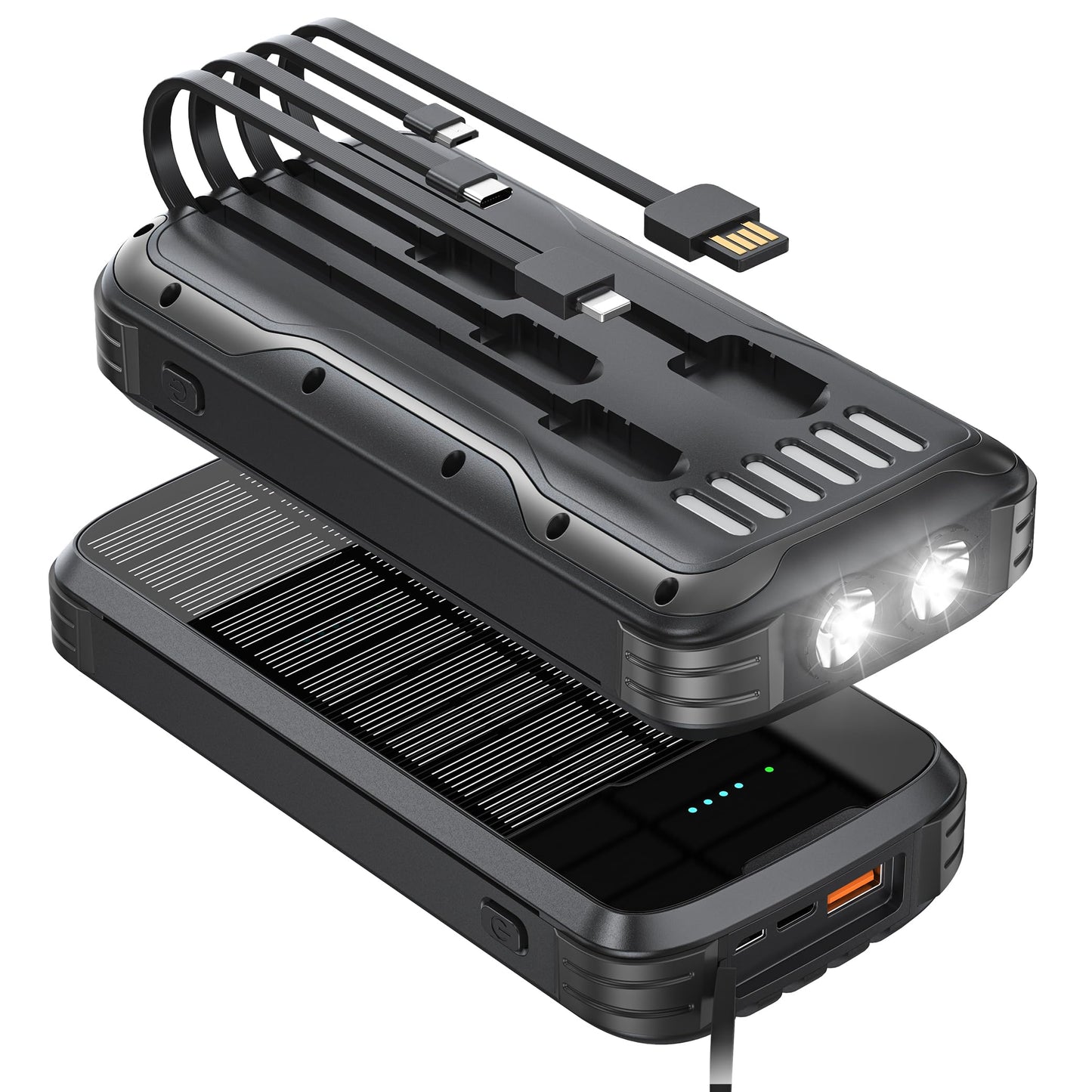 Solar Charger Power Bank, 40000mAh Portable Charger PD 20W Fast Charging Solar Power Bank Built in 4 Cables and USB-C in/Output, Camping Essentials External Battery Pack with Flashlights