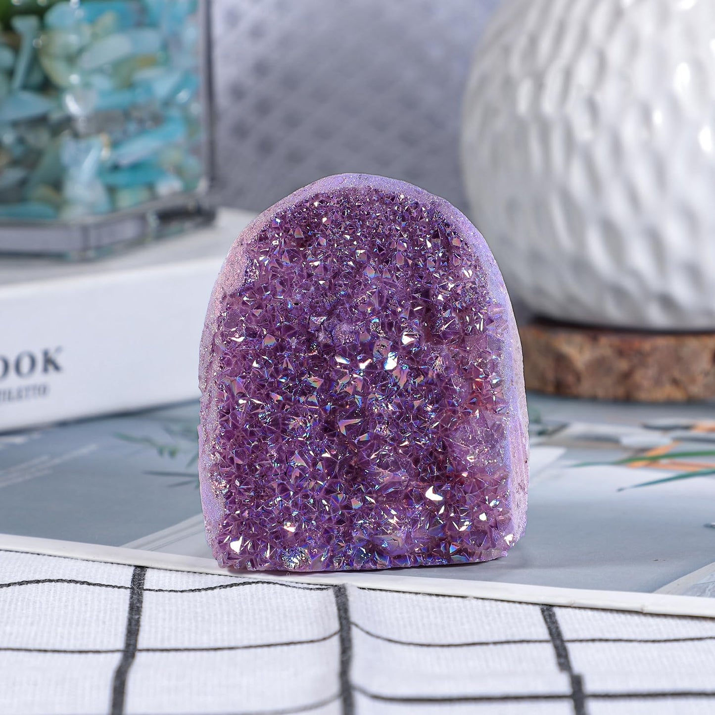 dssmboom Titanium Coated AB Rainbow Rock Quartz Crystal Cluster for Home Decor, Irregular Stone Geode Specimen Mineral for Meditation Spiritual Healing, Purple