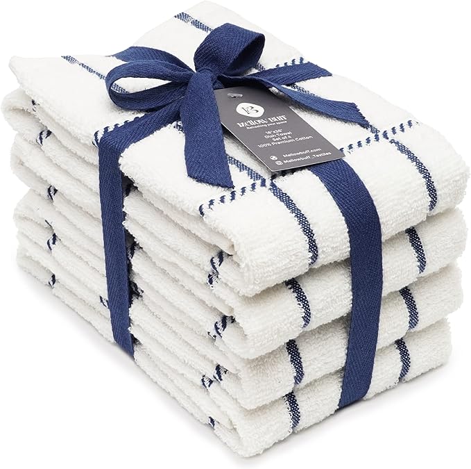 100% Cotton Terry Dish Towels, 4 Pack Checks, 16 x26 Inches, Super Soft and