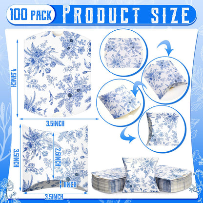 Moinchore 100 Pcs Blue Floral Pillow Boxes Kraft Paper Pillow Gift Boxes Candy Wedding Party Favors Blue Floral Candy Decor for Wedding Baby Bridal Shower Birthday Party Supplies