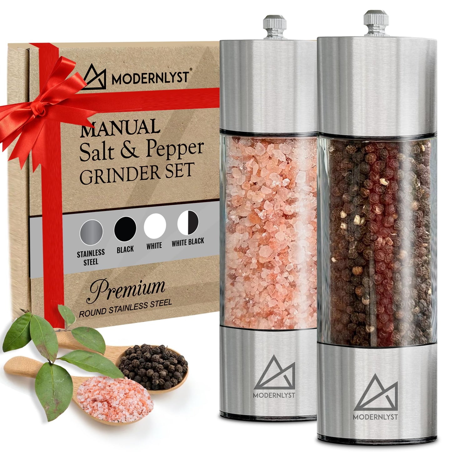MODERNLYST Salt and Pepper Grinder Set Manual 2 Pack | Large Round Salt and Pepper Shakers Set | 7.5 inch Stainless Steel Salt Grinder Refillable | Manual Pepper Grinder (Stainless Steel)