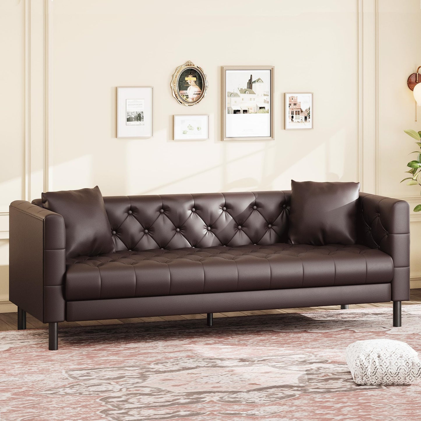 GarveeTech Leather Sofa 81", Chesterfield Style 3 Seater Couch with Deep Seat, Hand-Tufted Button Quilting, Vintage Couch for Living Room, Apartment, Office