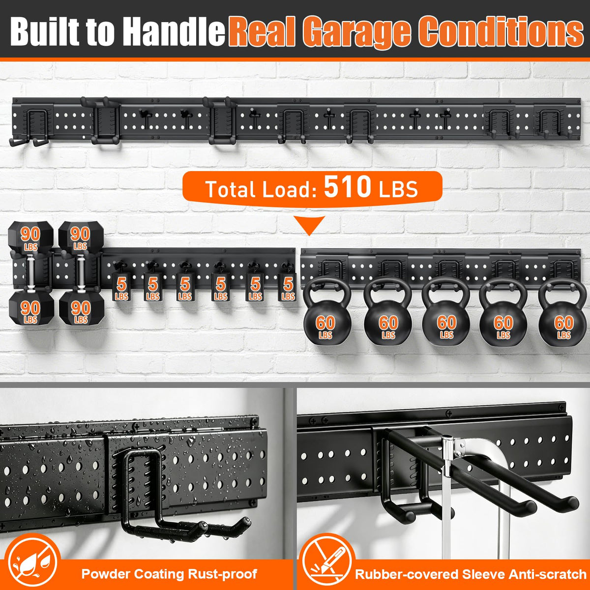 ZICANYCO Garage Tool Organizer Wall Mount 66 inches with 13 Adjustable Heavy-Duty Hooks, Garage Organization, Garden Tool Storage Rack for Garage, Yard, and Shed, Holds Up to 520 lbs