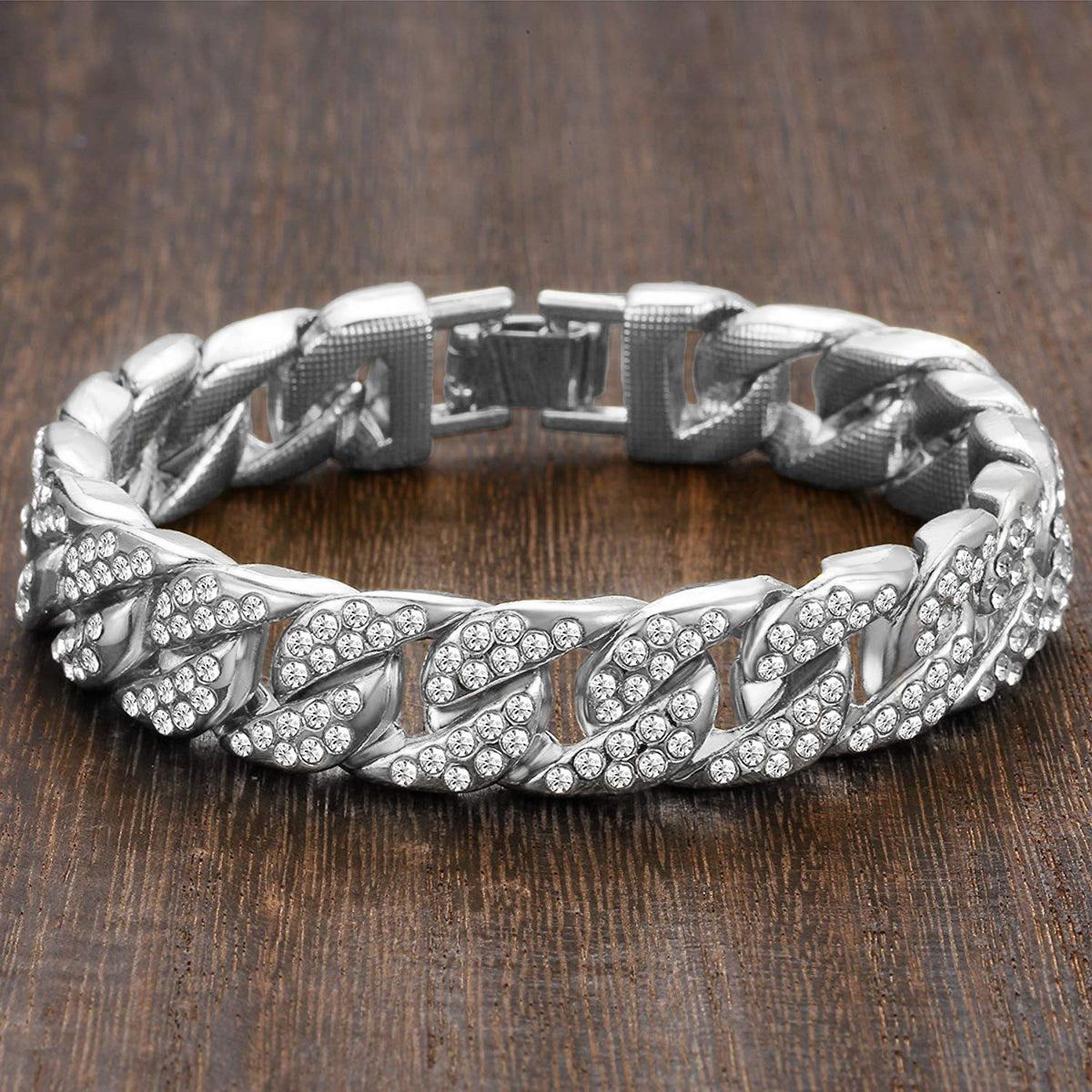 Aiyo Nice Mens Womens Cuban Link Bracelet Hip Hop Bracelet Stainless Steel Chain Bracelet Iced Out Curb Cuban 18k Gold Plated Bracelet With Clear Rhinestones (A-Silver)