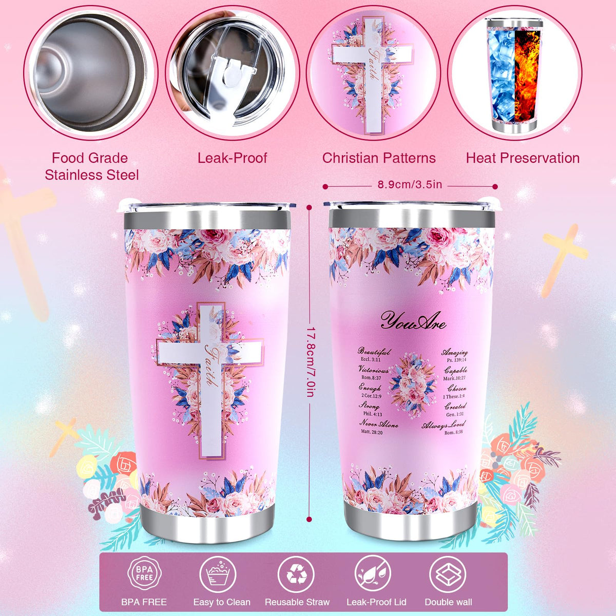 Christian Gifts for Women, 9 PCS Religious Gift Bulk Set Includes 20 oz Tumblern Straw Brush Sock Acrylic Quota Panel Keychain Bracelet Thanks Card Gift Box, Perfect Christmas Faith Gifts for Girls