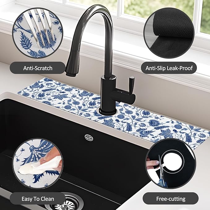 24" X 5.5" Kitchen Sink Splash Guard Faucet Mat Flora Super Absorbent Fast