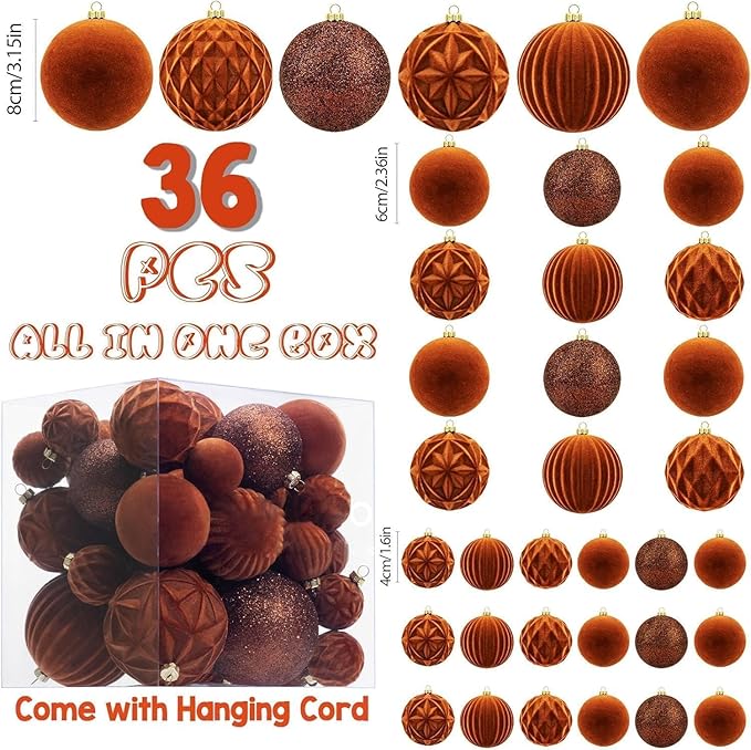 36Pcs Shatterproof Velvet Brown Christmas Ball Ornaments Set - 5 Styles in 3 Sizes (Small Medium Large) for Xmas Tree Decor, 2025 Festive Holiday Christmas Tree Decorations
