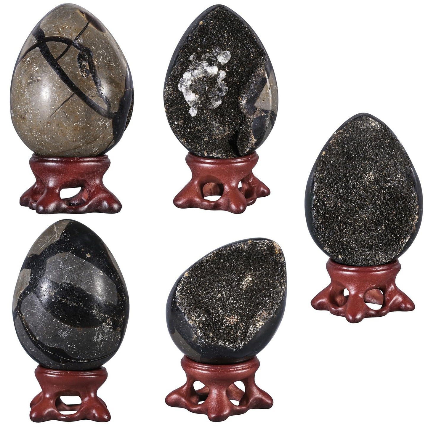 Sportmusies Natural Black Septarian Dragon Stone Geode Cluster Egg with Resin Stand, Decorative Crystal Cluster Egg Figurine for Home Reiki Healing Meditation, 1.96-2.75 inches