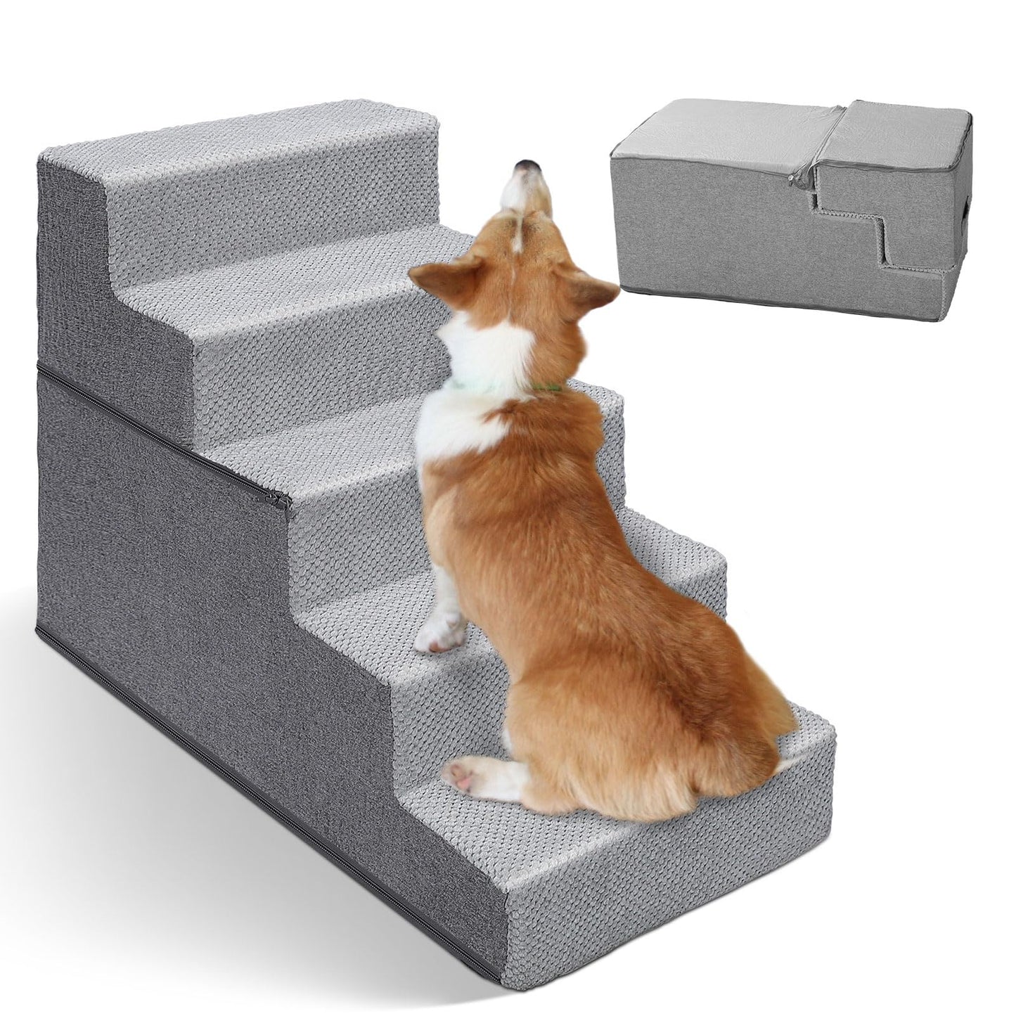 Masthome Dog Steps for Bed, Foldable 5-Step High-Density Foam Dog Ramp with Removable Cover, Soft & Non-Slip Pet Stairs for Small Older Injured Pets, 75x38cmx57, Grey