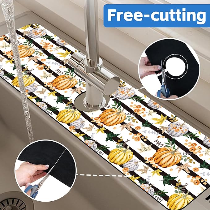 Thanksgiving Sink Faucet Absorbing Mat Autumn Pumpkin Floral Absorbent Fast