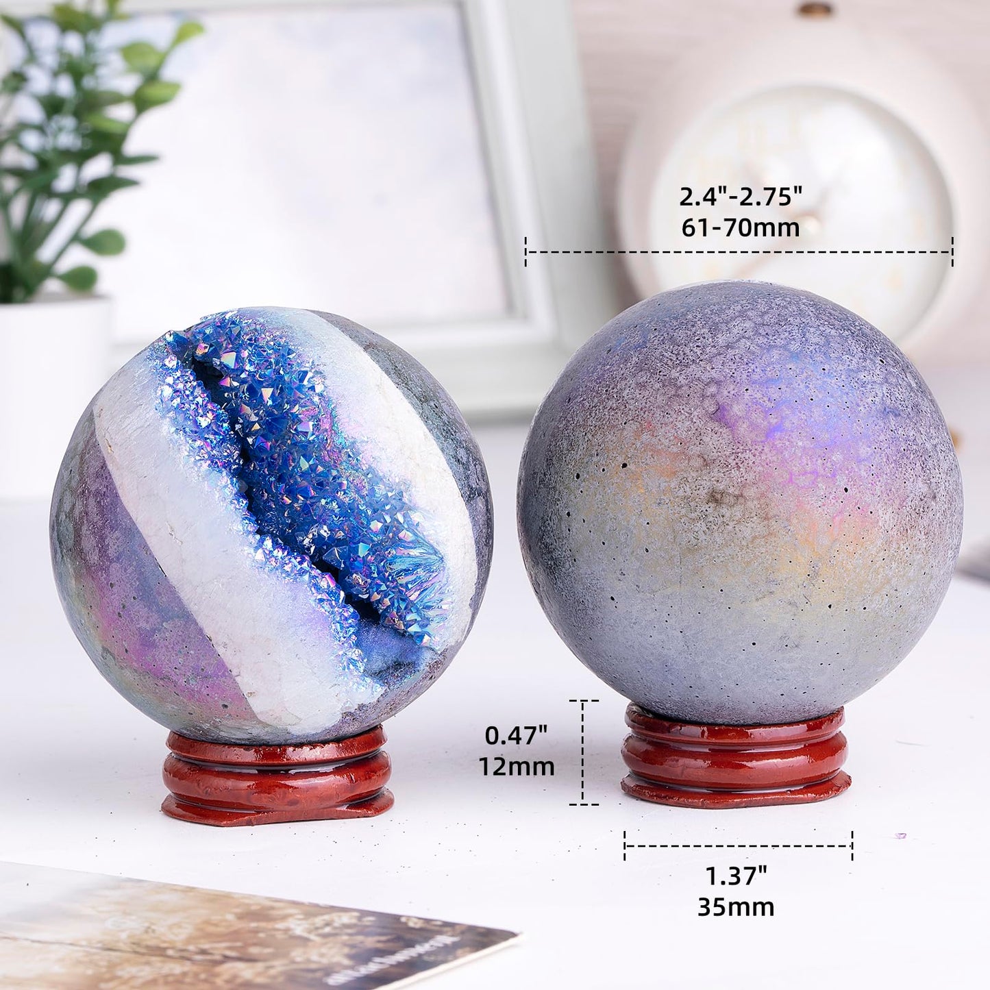 Sportmusies Titanium Coated Rock Crystal Geode Ball with Wooden Stand, Druzy Quartz Stone Cluster Sphere Reiki Home Office Decoration, Blue