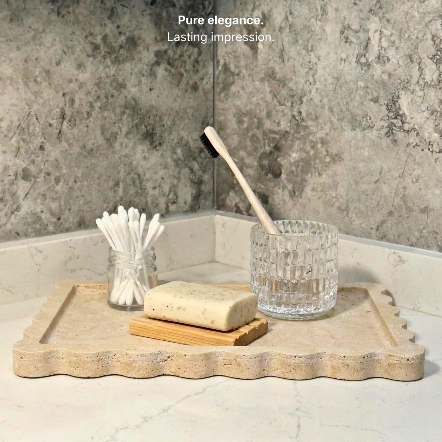 Veinova Scalloped Travertine Tray, Elegant Decorative Natural Marble Tray for Vanity, Bathroom, Kitchen and Home Decor, Pure Natural Stone, Premium Packaging, Large (12"x 8")
