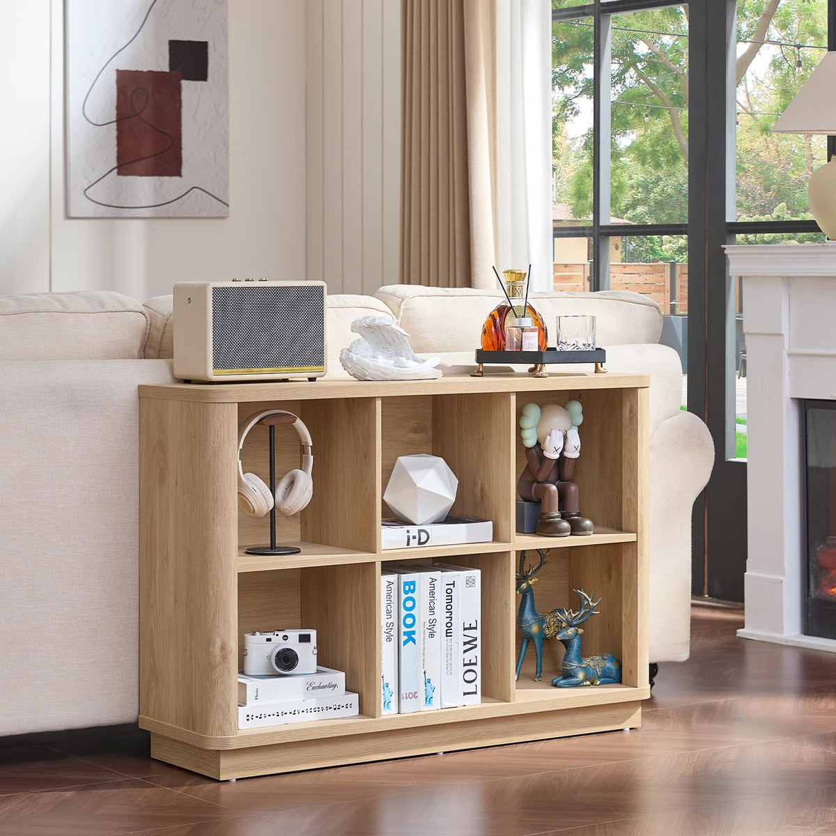 Joaxswe 6 Cube Storage Book Shelf, 40" Wide Low Horizontal Bookcase with Curved Edge, Floor Standing 2-Tier Wooden Bookshelf with Base, Modern Short Book Case for Bedroom, Study, Entryway, Natural Oak