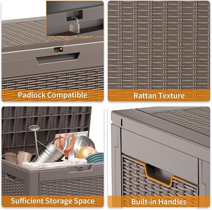 ROJIK Outdoor Storage Housing Deck Box - Waterproof Patio Furniture, Garden Tools, Cushions, Pool Accessories Storage Bench with Lockable Lid and Side Handles (Grey Rattan, 30 Gal)