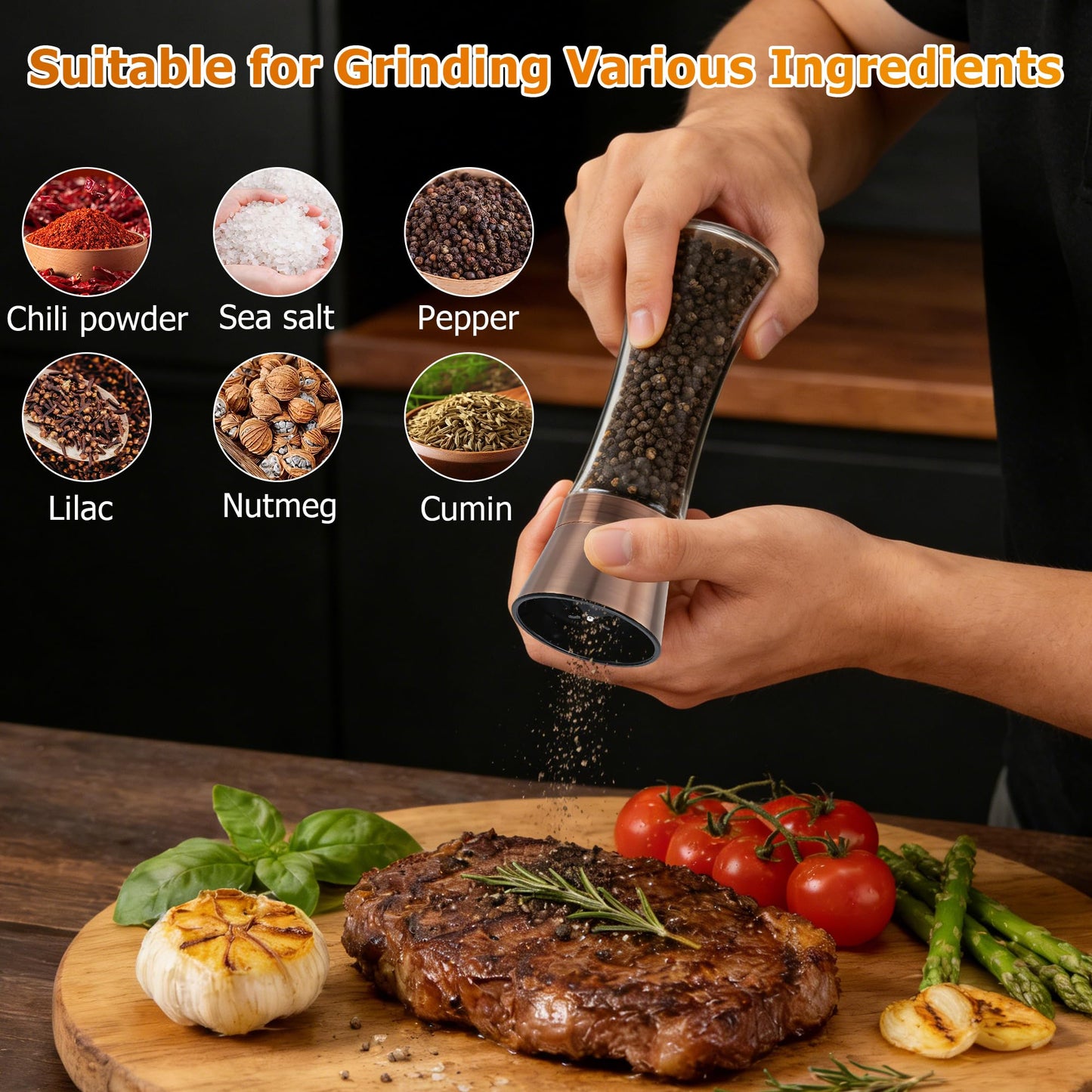 R DRURLCD Copper Salt and Pepper Grinder Set of 2，Refillable Adjustable Coarseness Stainless Steel, Pepper Mills W/Funnel for Kitchen