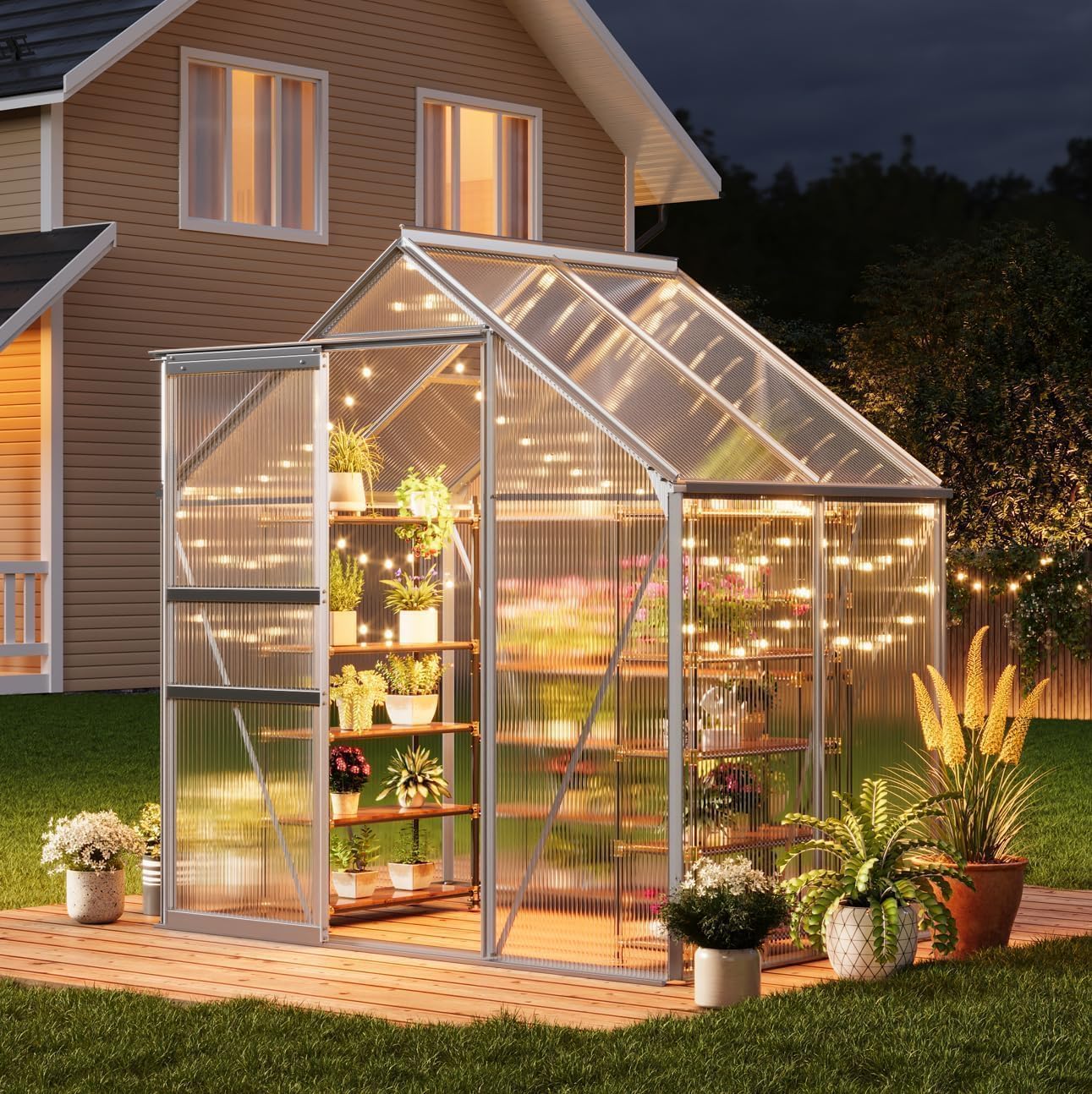 COZONY Heavy Duty Aluminum Frame Walk-in Greenhouse, 6x4 FT Polycarbonate Panels - Sliding Door, Adjustable Roof Vent, Rain Gutter - Weather Resistant Outdoor Garden Structure for Backyard, Patio,