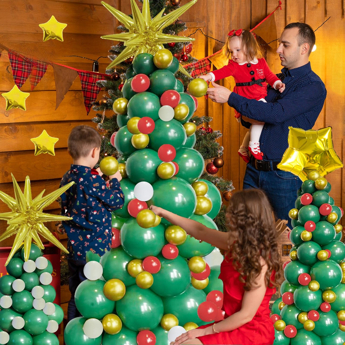 JANEF 122pcs Christmas Balloon Garland Arch Kit, Green Red Golden Latex Balloons Tree with Golden Balloons for Christmas Birthday Party Decoration