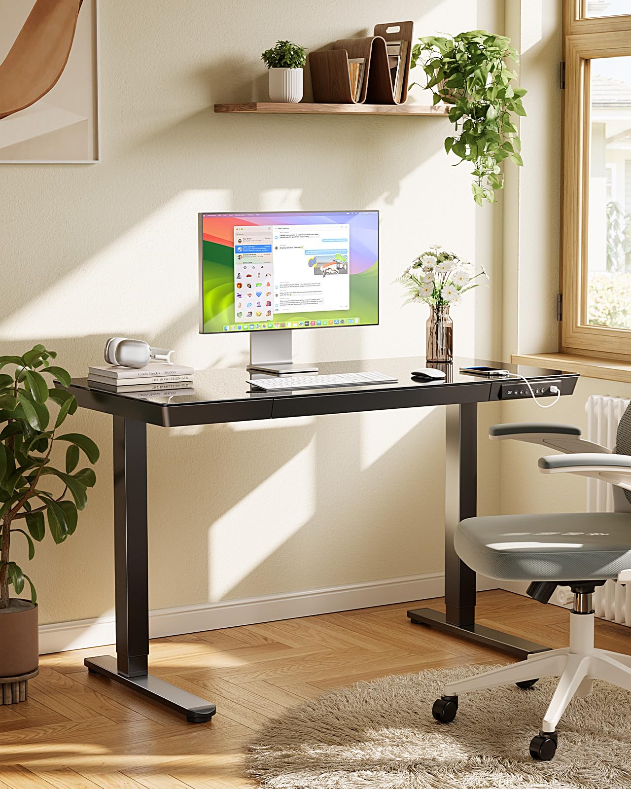 Marsail Glass Standing Desk with Drawer, 48 x 24 inch Electric Standing Desk, Height Adjustable Desk with One-Piece Tabletop & USB Charging Ports, Sit Stand Desk with Storage for Home & Office Black
