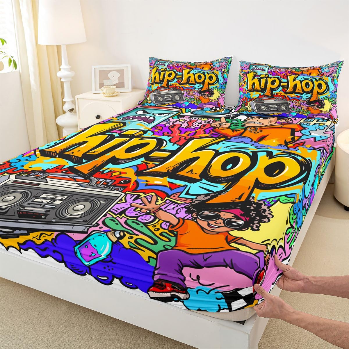 Feelyou Hippie Graffiti Sheets Hip Hop Radio Rock Bed Sheet Set Kids Boys Colorful Graffiti Pattern Bedding Set Watercolor Art Fitted Sheet Bedroom Collection 3Pcs Full Size
