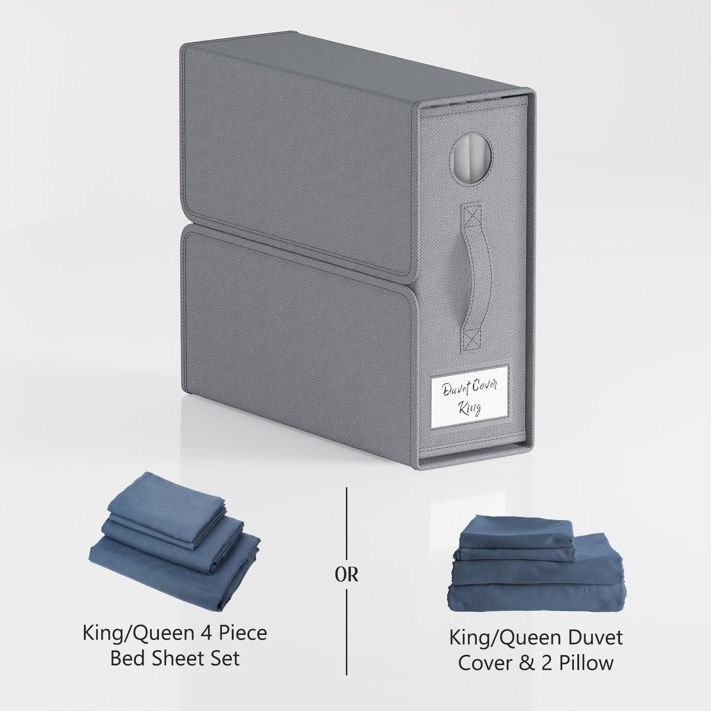 TRZZ 4-Pack Bed Sheet Organizers and Storage, Foldable Linen Bins with Window and Labels, Bedding Holder for Queen/King Duvet Covers, Keeps Bedding Neatly Organized and Accessible (Grey)