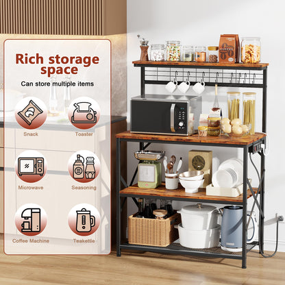 Furologee Kitchen Bakers Rack with Power Outlet, Microwave Oven Stand with Storage 4 Tiers, Coffee Bar Table with 6 S Hooks, Kitchen Storage Shelf Rack for Spices, Pots, Rustic Brown