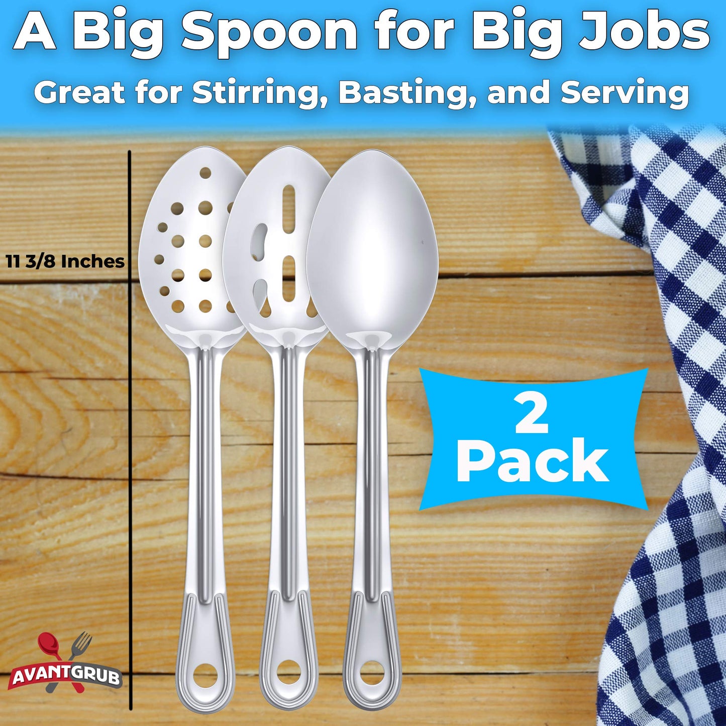 Super Strong, Ergonomic 11 in Serving Spoon 6 Pk (2 of Each Style). Big, Stainless Steel Spoons for Cooking, Baking, Stirring and Basting. Best Kitchen Flatware for Buffet and Banquet Food Service