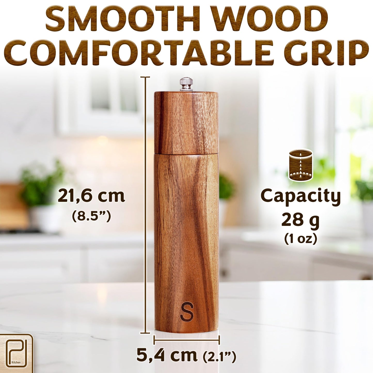 Premium Wooden Salt and Pepper Grinder Set - 28 g / 1 oz each, Acacia Solid Wood Mills - Refillable Coarse Grain Salt & Peppercorn Manual Twist Grinders - Modern or Rustic Home Table - by PJC-Kitchen