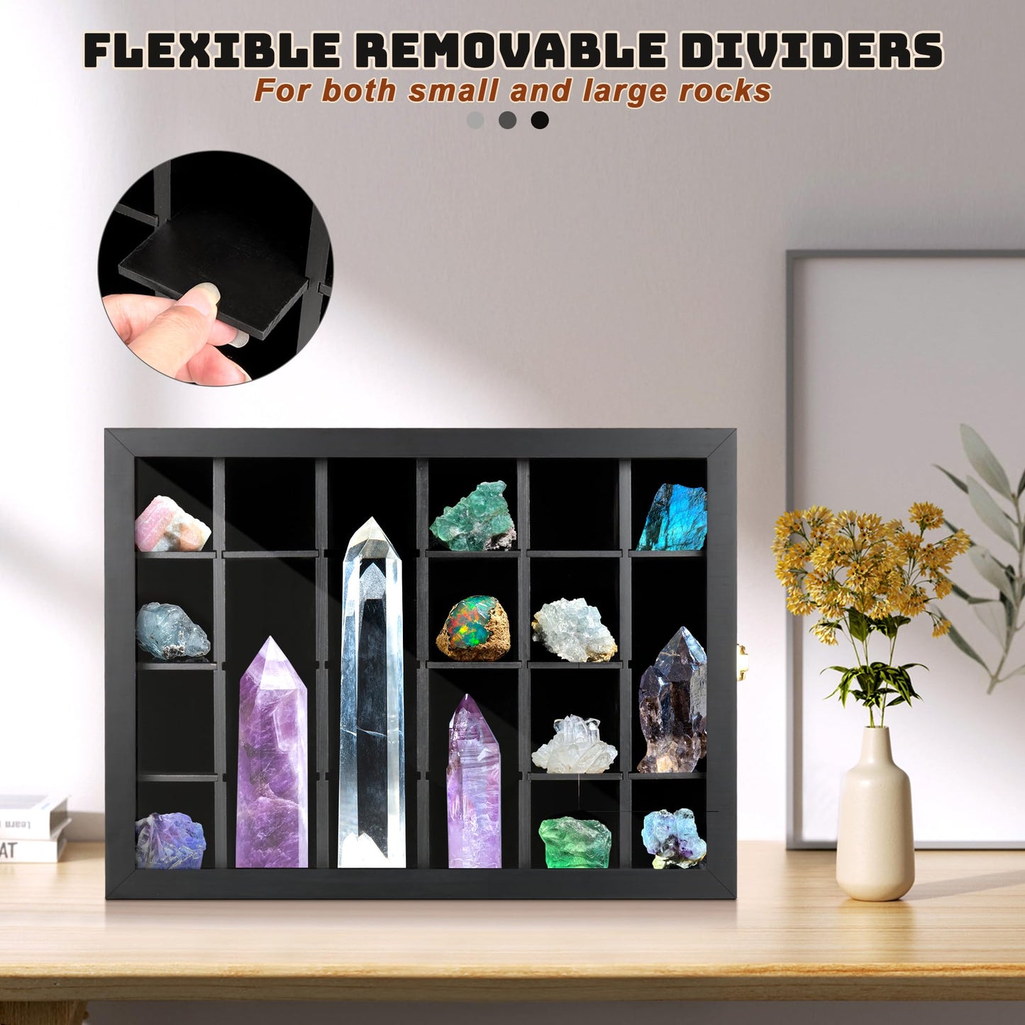 Adjustable Rock Display Case Wall Mounted, Crystal Collection Box with Shelves, Wooden Rock Collection Box for Kid and Collectibles
