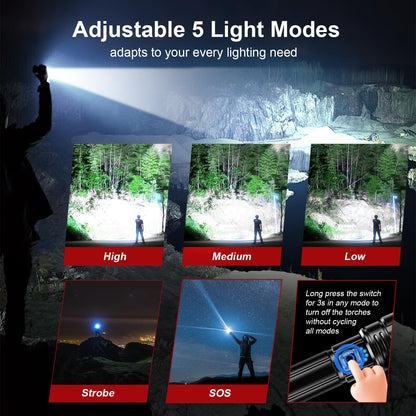 Shadowhawk Rechargeable Torch, 500000 Lumen Torches LED Super Bright, 5000 mAh Long Lasting, Adjustable Focus, IP67 Waterproof, 5 Modes, Powerful Handheld Flashlight for Power Cuts, Camping, Emergency