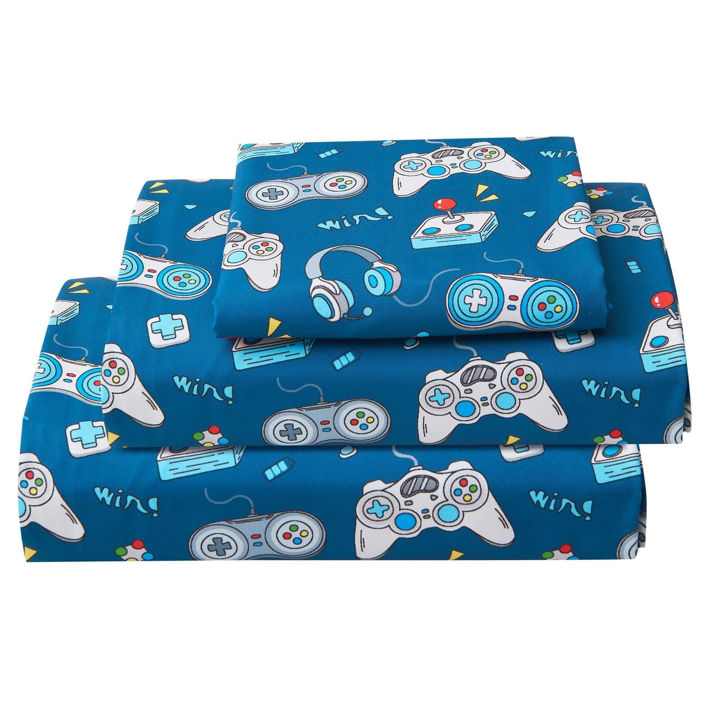 Softan Kids Bed Sheet Set, 3-Piece Twin Sheets Set, Microfiber Fitted Sheet with 15 Inches Deep Pocket and Corner Straps, Breathable & Silky Soft Game Controller Printed Sheet and Pillowcase Sets