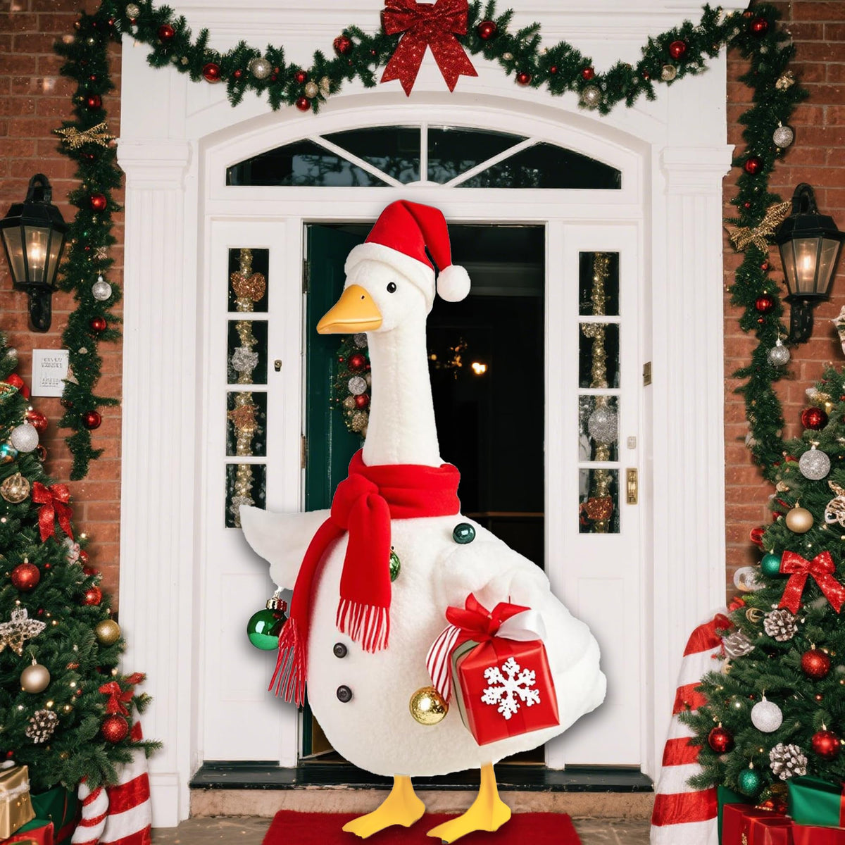 Lodaxu Christmas Snowman Porch Goose Outfits for Large 23" High Cement or Plastic Goose Statue, Yard Goose Cloths with Christmas Hat and Snowflake Gift Box Decor for Outdoor Lawn Gaden Patio