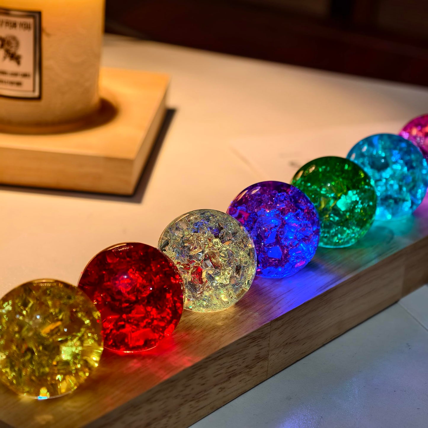40mm 7 Colors Ice Cracked Glass Crystal Chakra Balls with LED Wooden Base