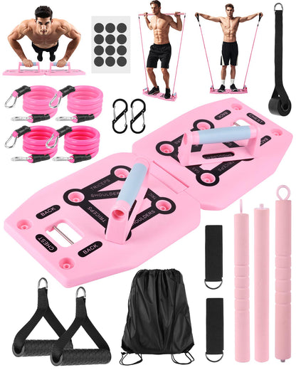 LAKXSF Work out Push up Board for Home Gym, Pilates Workout Exercise Resistance Band Set with Handles, Pushup Board Gift for Men and Women, Essential Shoulder Strength Training Goods Equipment Kit