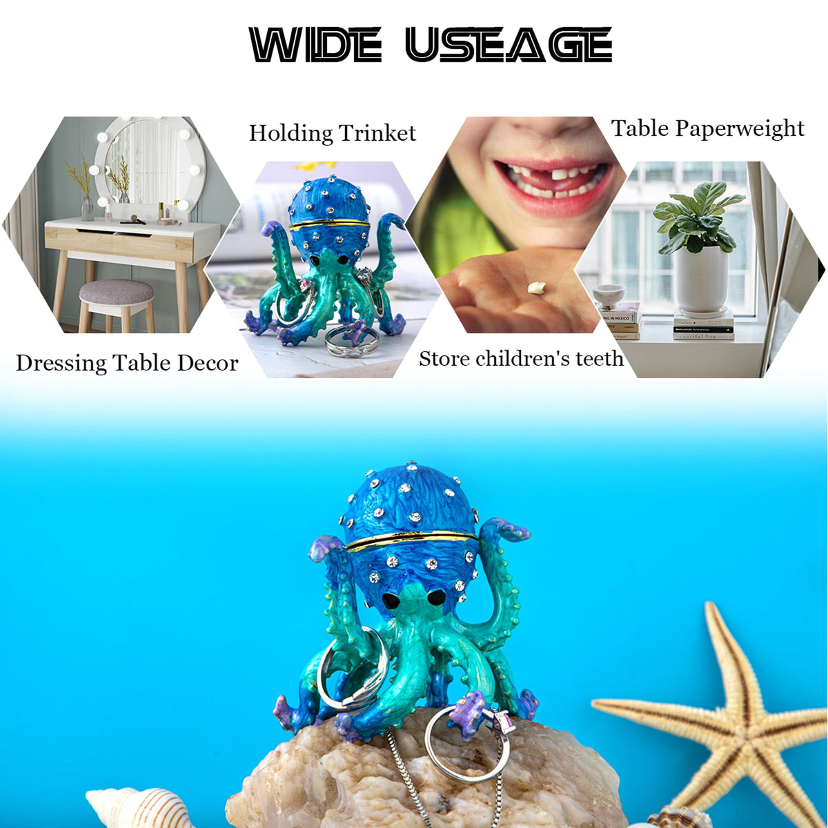 YU FENG 2.5'' Hand-painted Enamel Octopus Jewelry Trinket Box Hinged Jewelry Organizer with Crystals Ring Earring Storage Box Blue Sea Animal Figurine Keepsake Collectible Christmas Gift
