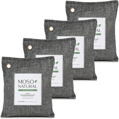 Moso Natural Air Purifying Bag 200g (4 Pack). A Scent Free Odour Eliminator for Cars, Closets, Bathrooms, Pet Areas. Premium Moso Bamboo Charcoal Odour Absorber. (Charcoal Grey)