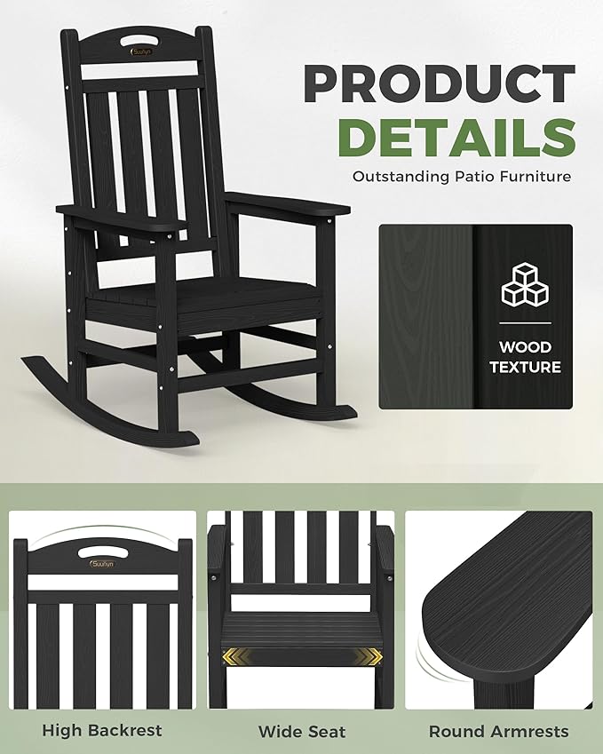 Oversized Outdoor Rocking Chair, High Back Porch Rocker Chair, HDPE All Weather Resistant Rocking Chairs for Patio, 380lbs Weight Capacity, Black