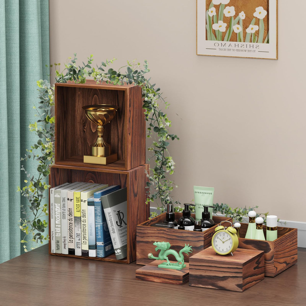 MUNNAR 6 PCS Wooden Buffet Risers, Wood Display Risers for Food, Wooden Square Risers Display Stands, Food Risers for Buffet Table (10", 9" , 8", 7", 6", 5") with 67" Faux Greenery Vine