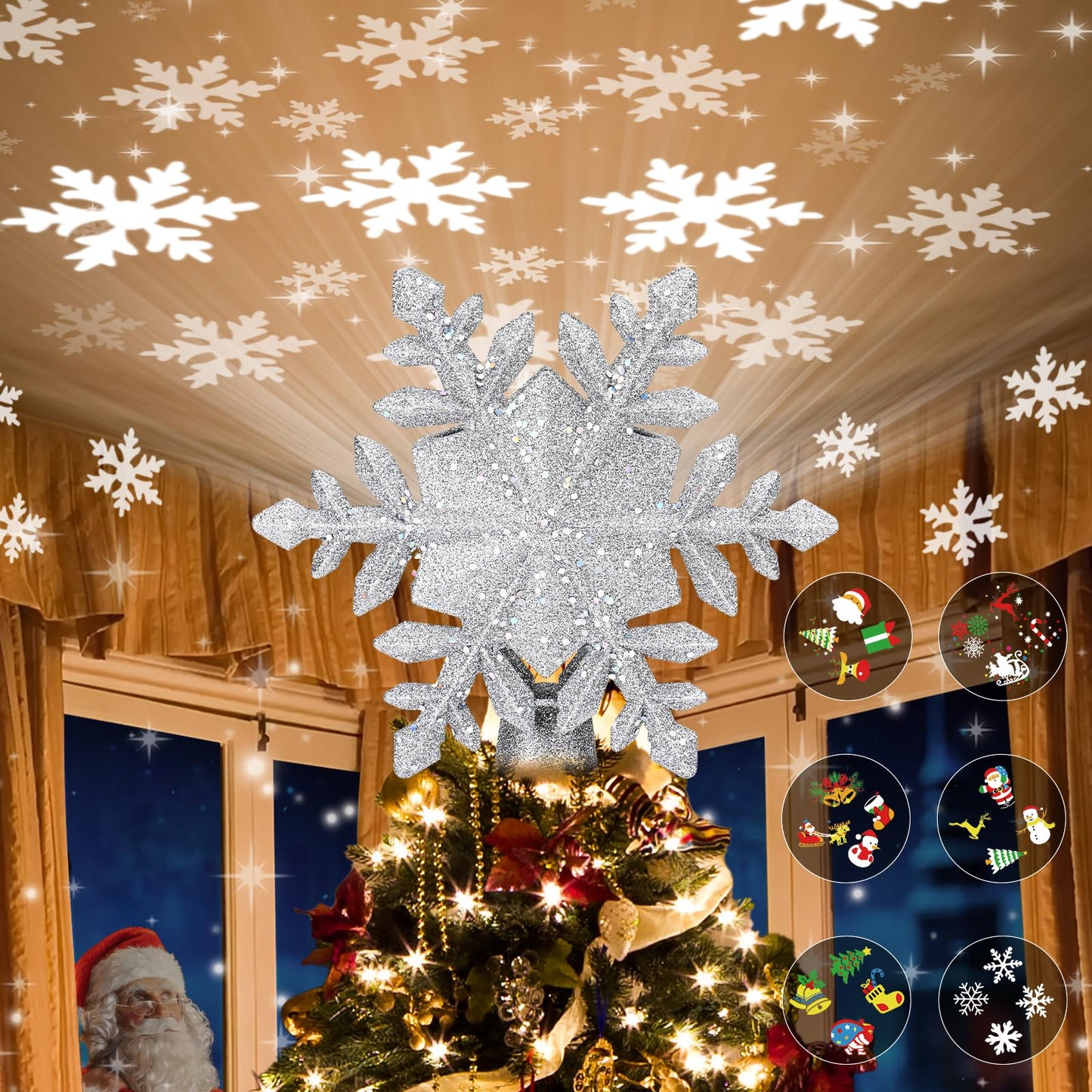 Christmas Tree Topper Lighted with 6 Projection Modes,Christmas Star Tree Topper Built-in LED Rotating Projector Lights 3D Christmas Tree Decorations for Xmas Party Holiday Decor(Silver Snowflake)
