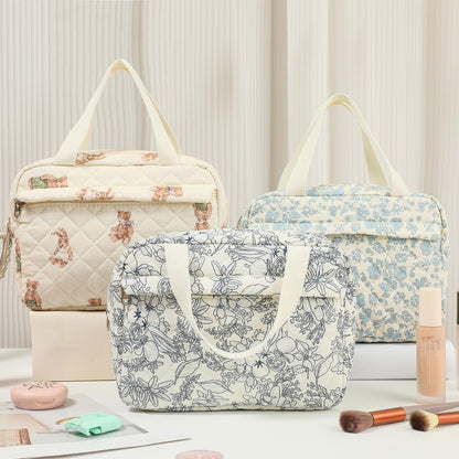 uekeboag Large Size Quilted Coquette Makeup Bag, Cute Preppy Floral Cotton Travel Cosmetic Organizer Bag with Top Handle, Multi-Layer Travel Toiletry Pouch for Girls (04Bear)