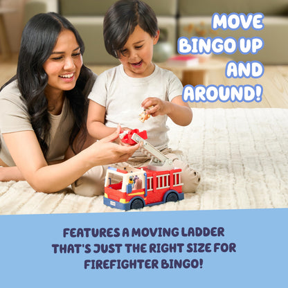 Bluey Firetruck, Firetruck, Exclusive Firefighter Bingo and Bob Bilby Figures Raise The Ladder, Spin It Around and Roll Out The Hose Includes Sticker Sheet