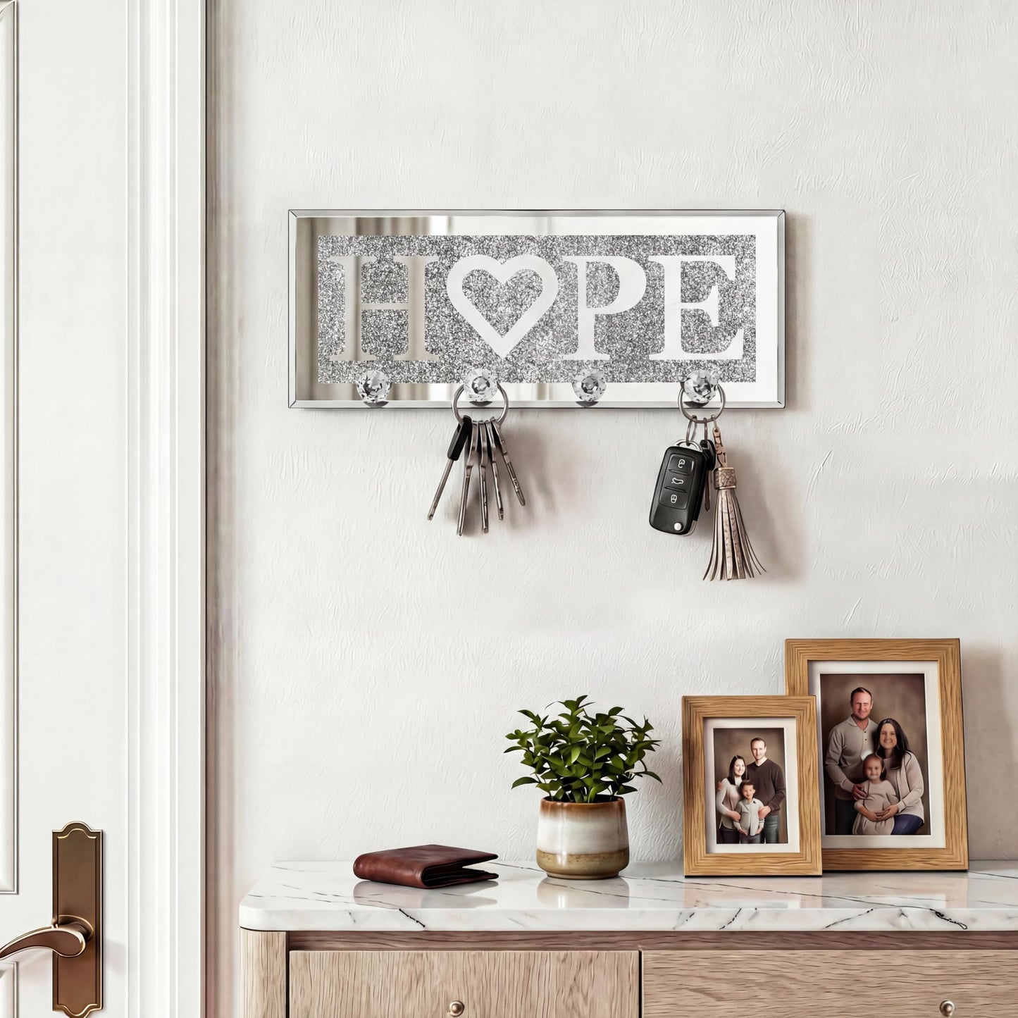 SHYFOY Crystal Clear Hooks Key Holder Key Hanger, Sparkly Mirrored Home Letters Plaque Sign for Decor, Silver Mirror Decoration Wall Art for Entryway Hallway Living Room, Hope Letter