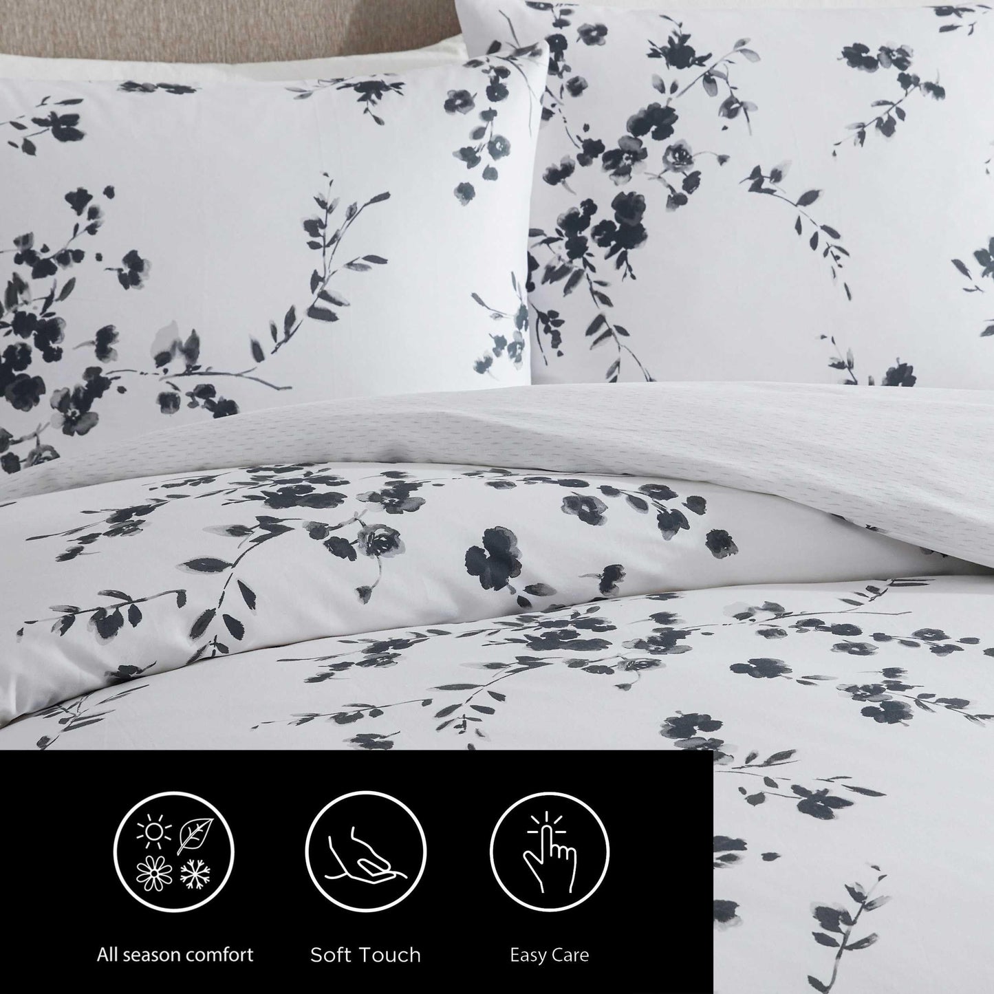 Vera Wang - Queen Comforter Set, Reversible Floral Bedding with a Naturally Soft Feel, 3 Piece Bed Set with Matching Pillowcases (Noir Bouquet/Ikat Line Grey)