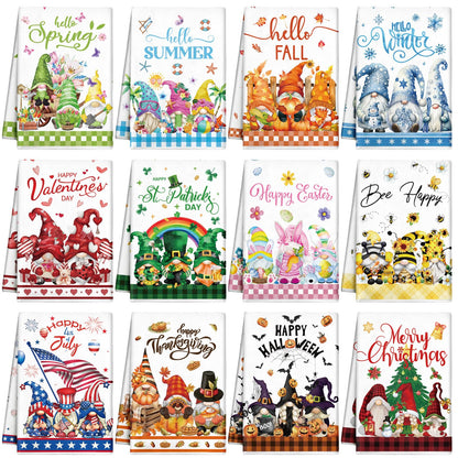 FuWeave 12 Pcs Seasonal Kitchen Towels Set for All Holidays Hand Dish Tea Towels Fall Halloween Christmas Absorbent Dishcloths Housewarming Gift for Cooking Kitchen Bathroom(Gnome Style,Bright Color)