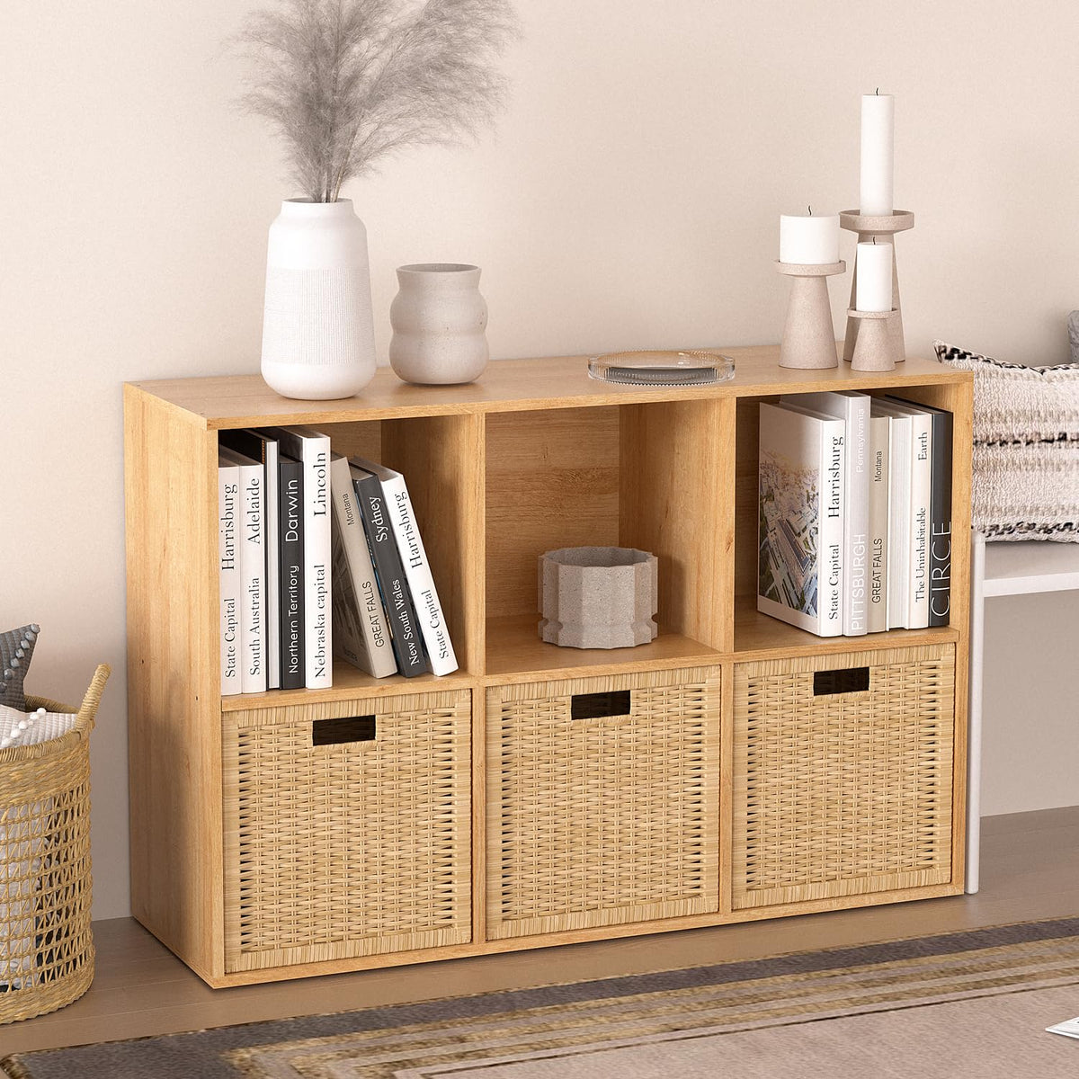 NewBeth Wooden 6 Cube Storage Organizer with Closed Back Panel,Natural Oak Cube Shelf Cubby Storage Organizer with Compartments for Living,Bookshelf, Easy to Install (Oak, 6 Cube-11in)