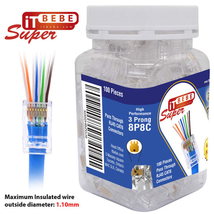 ITBEBE 100 Pieces RJ45 Cat6 Pass Through Connectors - Gold Plated Transparent Passthrough Ethernet Insert Crimp Connector UTP Network Plug for 24 AWG Cables – Works for Both Solid and Stranded Cables