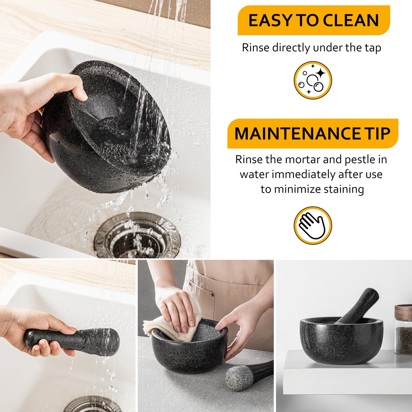 Velaze Large Mortar and Pestle Set, 100% Granite, Natural Unpolished, Herb Crusher, Spice Grinder, Stone Grinder Bowl for Making Guacamole and Pesto, 6.3 Inch Pestle and 16 oz Mortar(2 Cup)
