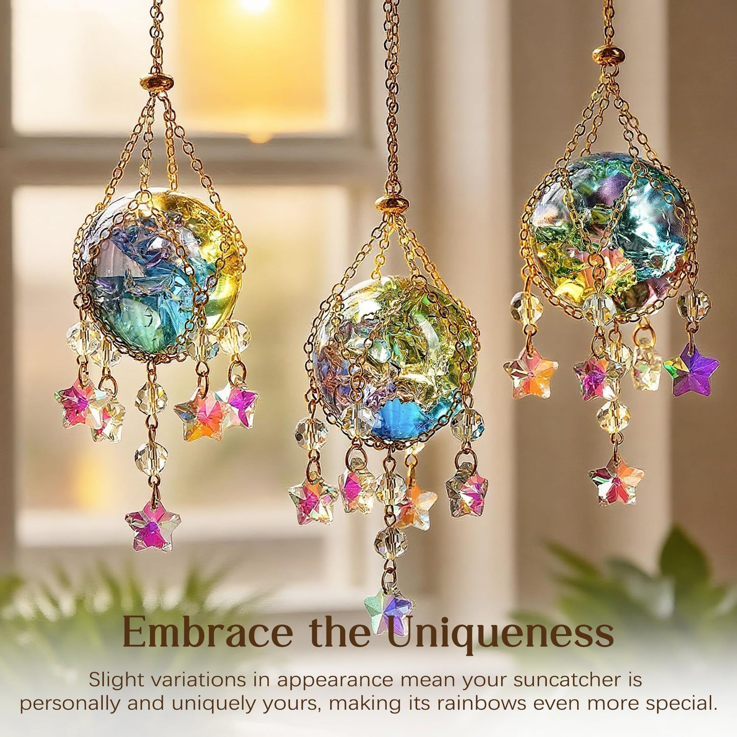 H&D HYALINE & DORA 3 Pcs Crystal Suncatchers with 40mm Ice Cracked Ball Window Hanging Decor for Healing Yoga Meditation