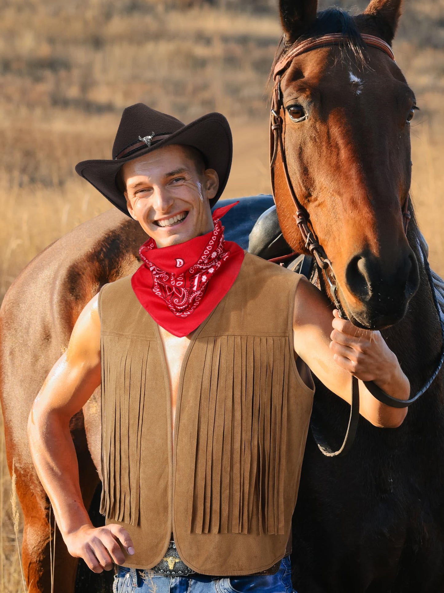 Toulite 4 Pcs Western Outfits for Men Cowboy Tassel Vest Hat Belt Buckle Paisley Bandana for Halloween Cosplay (Brown, Coffee, Red,X-Large)