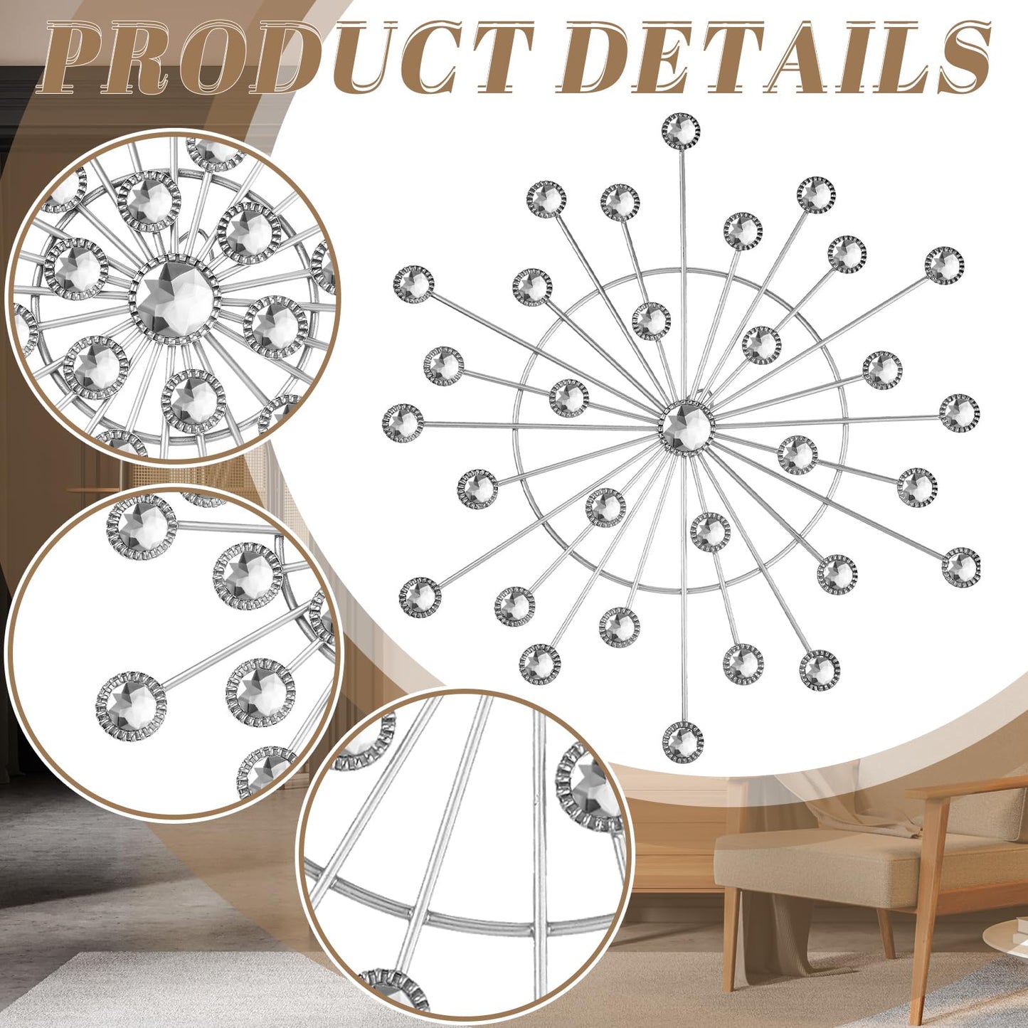 MorningRo 8 Pcs Metal Wall Decor Bling Crystal Wall Art Cast Iron Rhinestones Sunburst Decor Starburst Art Hanging Diamond Accents Home Decorative for Living Room Bedroom Entryway